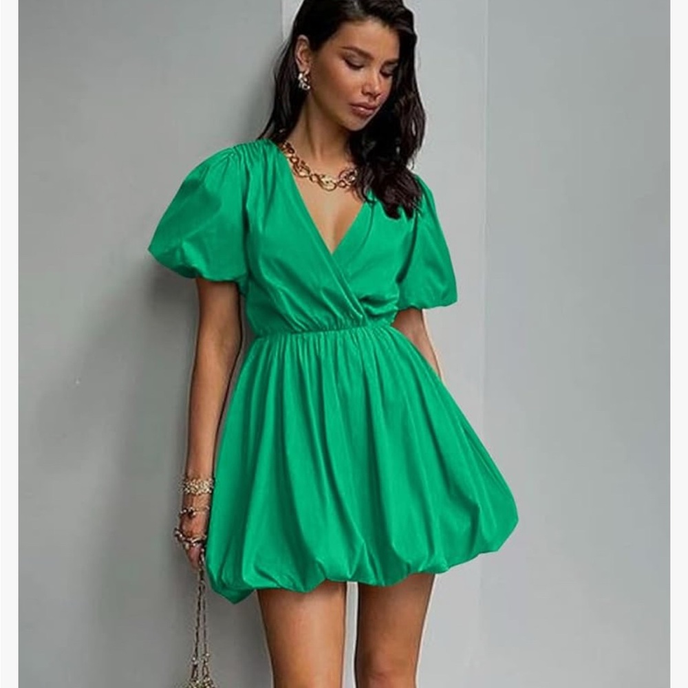 PRETTYGARDEN Green Puff Sleeve Dress